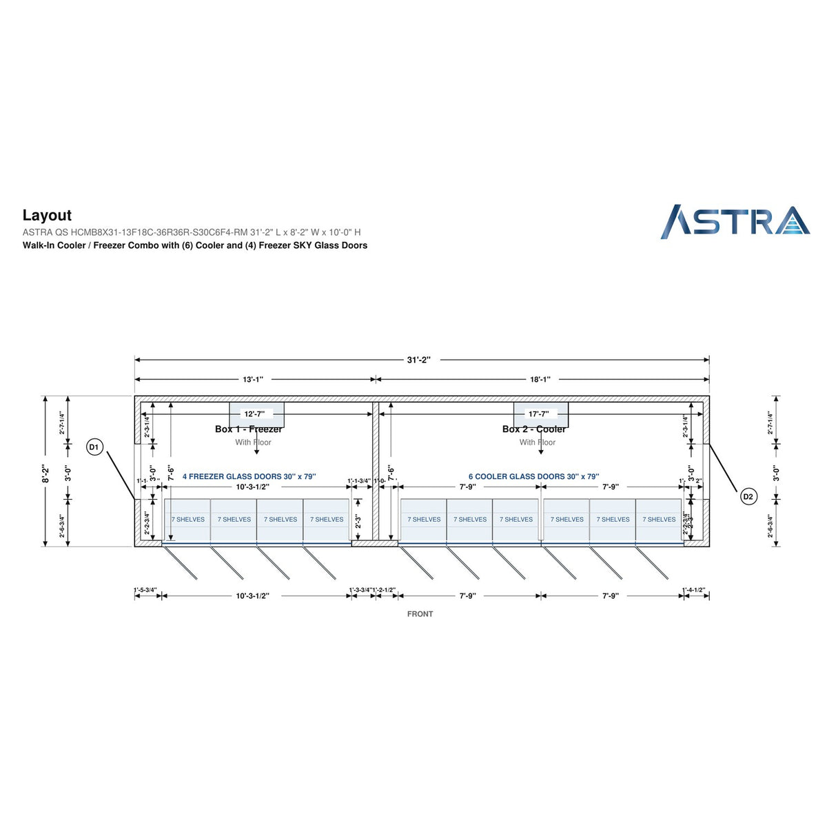 Astra HCMB8X31-13F18C-S30C6F4-RM 8' x 31' Walk-In Freezer/Cooler Combo with Floor, 4 Freezer + 6 Cooler Glass Doors, floor plan layout drawing with glass door shelving