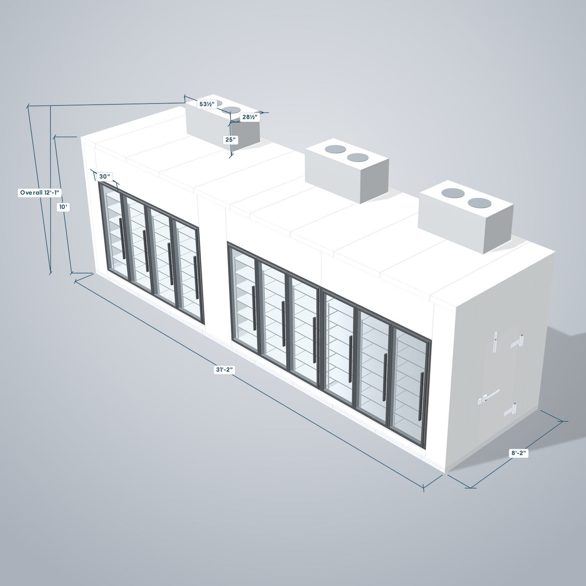 Astra HCMB8X31-13F18C-S30C6F4-TM 8' x 31' Walk-In Freezer/Cooler Combo with Floor, 4 Freezer + 6 Cooler Glass Doors, 3D view with outside dimensions