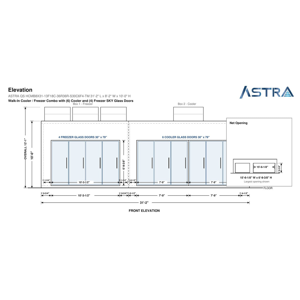 Astra HCMB8X31-13F18C-S30C6F4-TM 8' x 31' Walk-In Freezer/Cooler Combo with Floor, 4 Freezer + 6 Cooler Glass Doors, front elevation drawing with glass door net opening