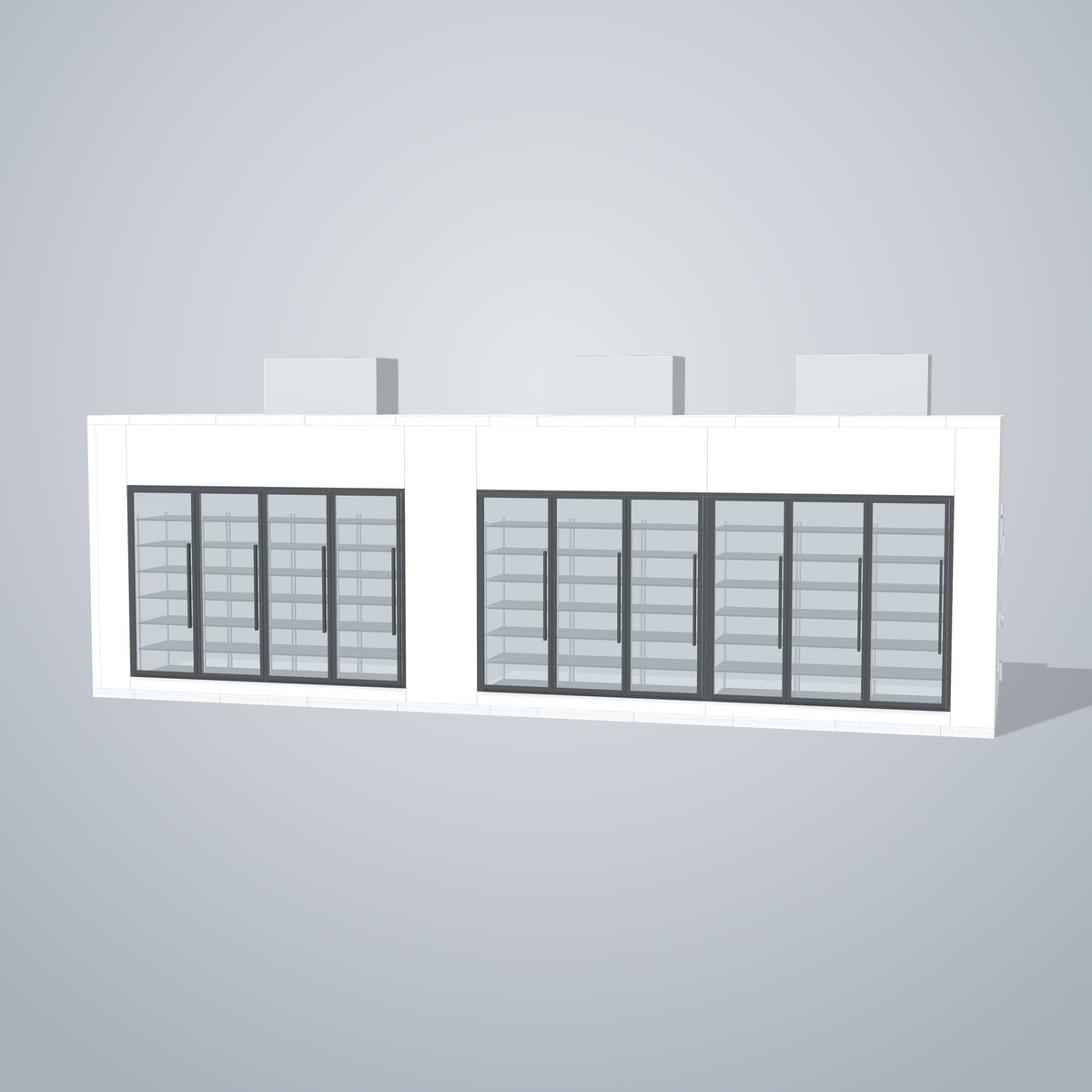 Astra HCMB8X31-13F18C-S30C6F4-TM 8' x 31' Walk-In Freezer/Cooler Combo with Floor, 4 Freezer + 6 Cooler Glass Doors, front 3D view of the glass door wall