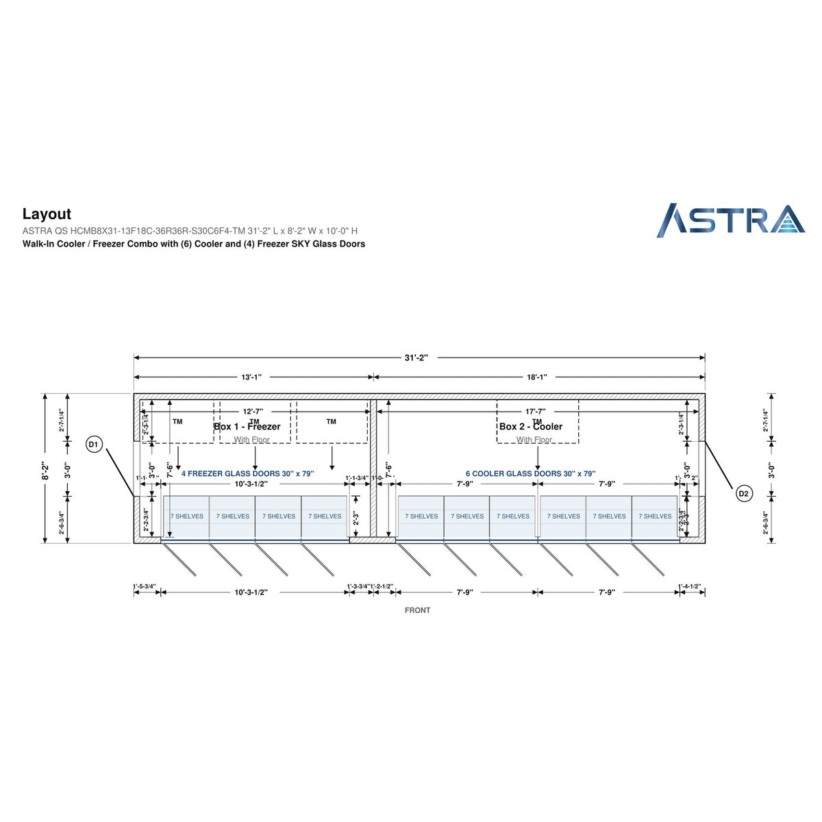 Astra HCMB8X31-13F18C-S30C6F4-TM 8' x 31' Walk-In Freezer/Cooler Combo with Floor, 4 Freezer + 6 Cooler Glass Doors, floor plan layout drawing with glass door shelving