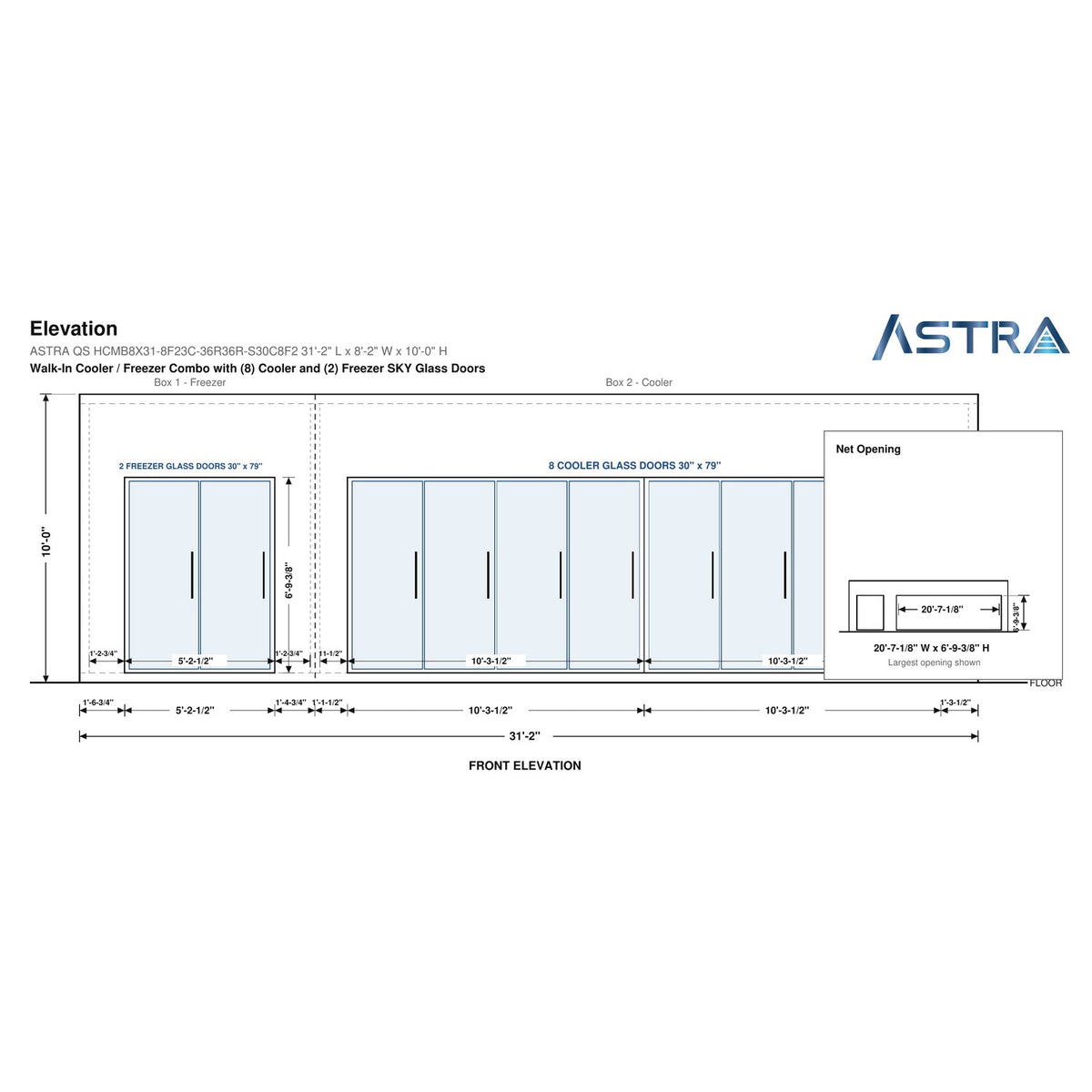 Astra HCMB8X31-8F23C-S30C8F2 8' x 31' Walk-In Freezer/Cooler Combo with Floor, 2 Freezer + 8 Cooler Glass Doors, front elevation drawing with glass door net opening