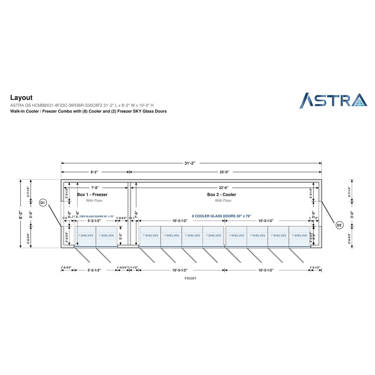 Astra HCMB8X31-8F23C-S30C8F2 8' x 31' Walk-In Freezer/Cooler Combo with Floor, 2 Freezer + 8 Cooler Glass Doors, floor plan layout drawing with glass door shelving