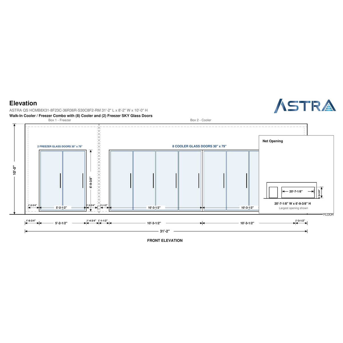 Astra HCMB8X31-8F23C-S30C8F2-RM 8' x 31' Walk-In Freezer/Cooler Combo with Floor, 2 Freezer + 8 Cooler Glass Doors, front elevation drawing with glass door net opening