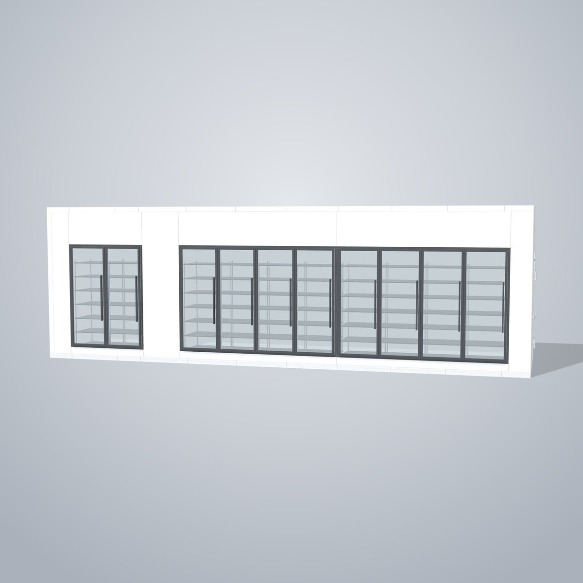 Astra HCMB8X31-8F23C-S30C8F2-RM 8' x 31' Walk-In Freezer/Cooler Combo with Floor, 2 Freezer + 8 Cooler Glass Doors, front 3D view of the glass door wall