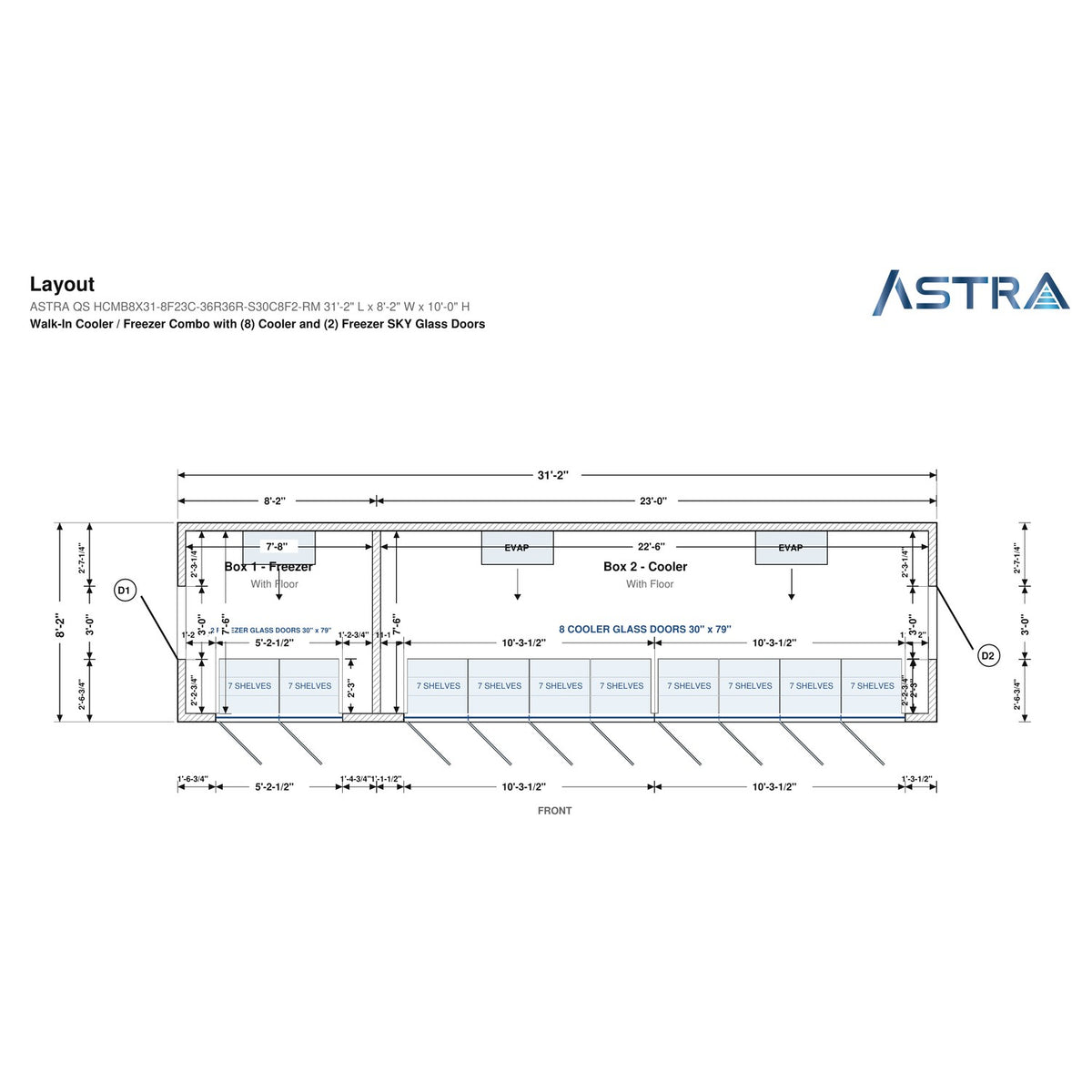 Astra HCMB8X31-8F23C-S30C8F2-RM 8' x 31' Walk-In Freezer/Cooler Combo with Floor, 2 Freezer + 8 Cooler Glass Doors, floor plan layout drawing with glass door shelving