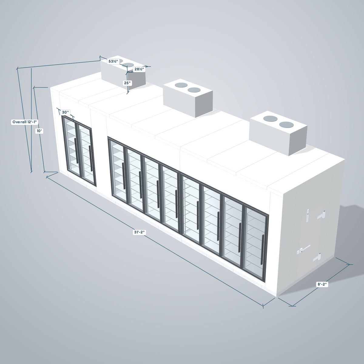 Astra HCMB8X31-8F23C-S30C8F2-TM 8' x 31' Walk-In Freezer/Cooler Combo with Floor, 2 Freezer + 8 Cooler Glass Doors, 3D view with outside dimensions