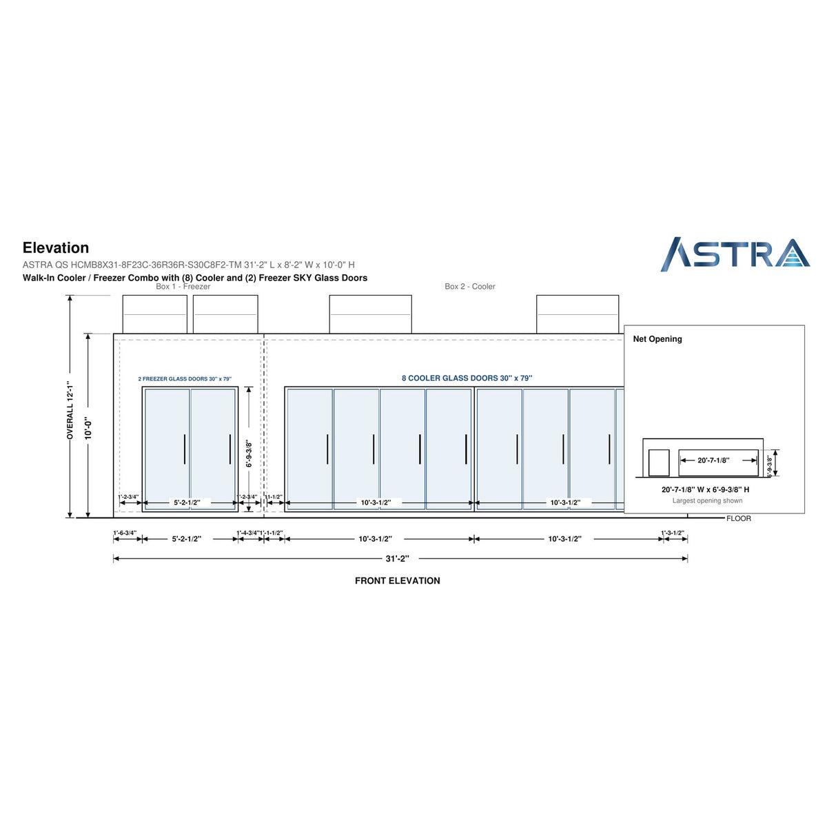 Astra HCMB8X31-8F23C-S30C8F2-TM 8' x 31' Walk-In Freezer/Cooler Combo with Floor, 2 Freezer + 8 Cooler Glass Doors, front elevation drawing with glass door net opening