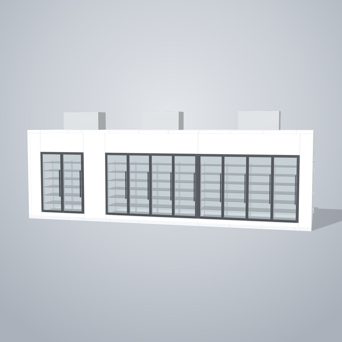 Astra HCMB8X31-8F23C-S30C8F2-TM 8' x 31' Walk-In Freezer/Cooler Combo with Floor, 2 Freezer + 8 Cooler Glass Doors, front 3D view of the glass door wall