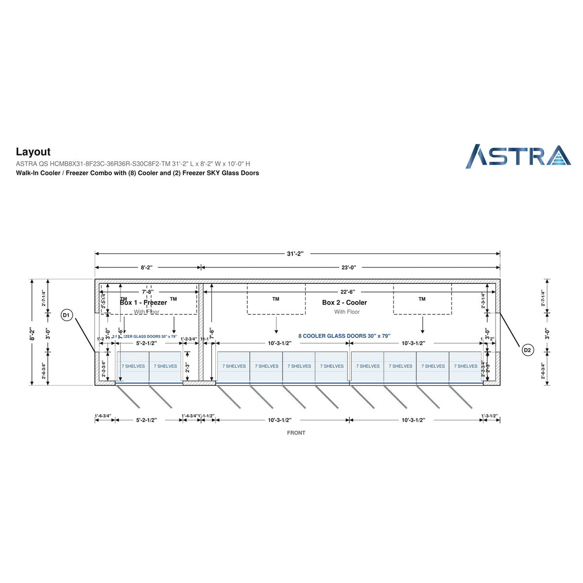 Astra HCMB8X31-8F23C-S30C8F2-TM 8' x 31' Walk-In Freezer/Cooler Combo with Floor, 2 Freezer + 8 Cooler Glass Doors, floor plan layout drawing with glass door shelving