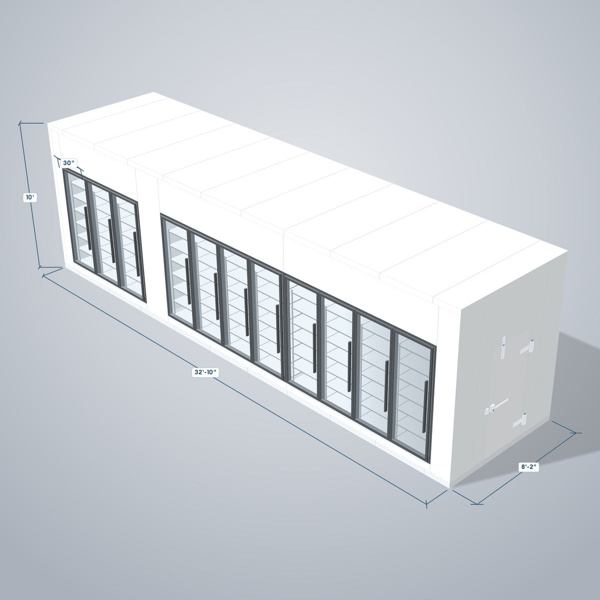 Astra HCMB8X33-10F23C-S30C8F3 8' x 33' Walk-In Freezer/Cooler Combo with Floor, 3 Freezer + 8 Cooler Glass Doors, 3D view with outside dimensions