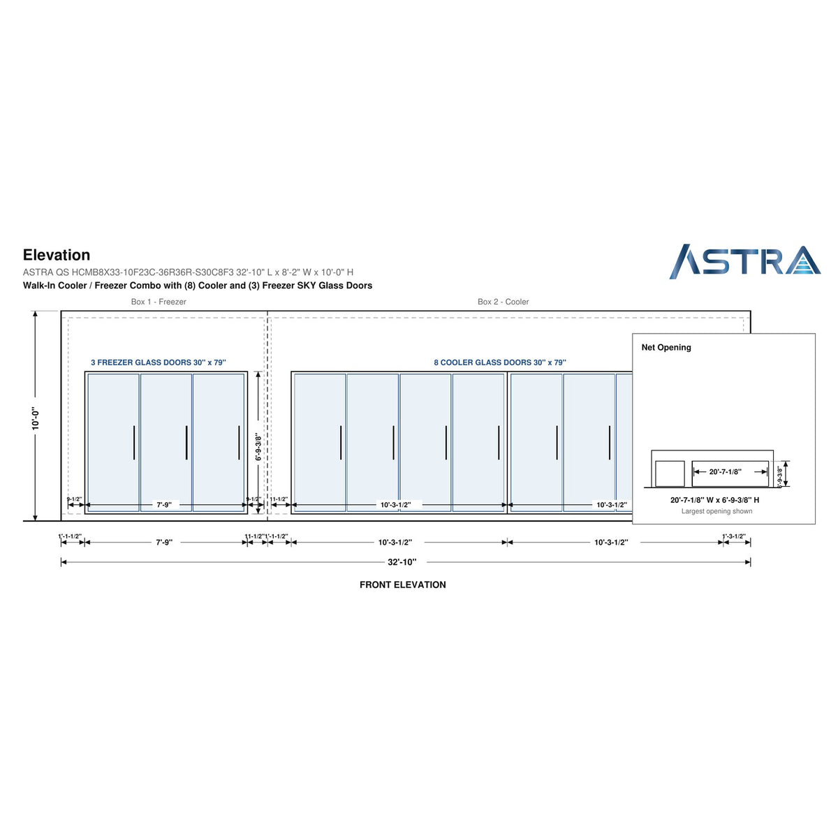 Astra HCMB8X33-10F23C-S30C8F3 8' x 33' Walk-In Freezer/Cooler Combo with Floor, 3 Freezer + 8 Cooler Glass Doors, front elevation drawing with glass door net opening