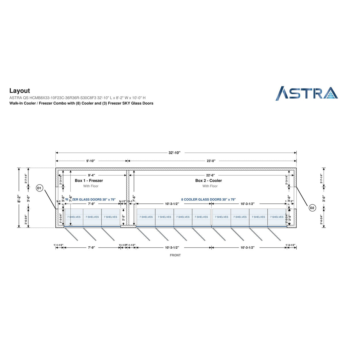 Astra HCMB8X33-10F23C-S30C8F3 8' x 33' Walk-In Freezer/Cooler Combo with Floor, 3 Freezer + 8 Cooler Glass Doors, floor plan layout drawing with glass door shelving