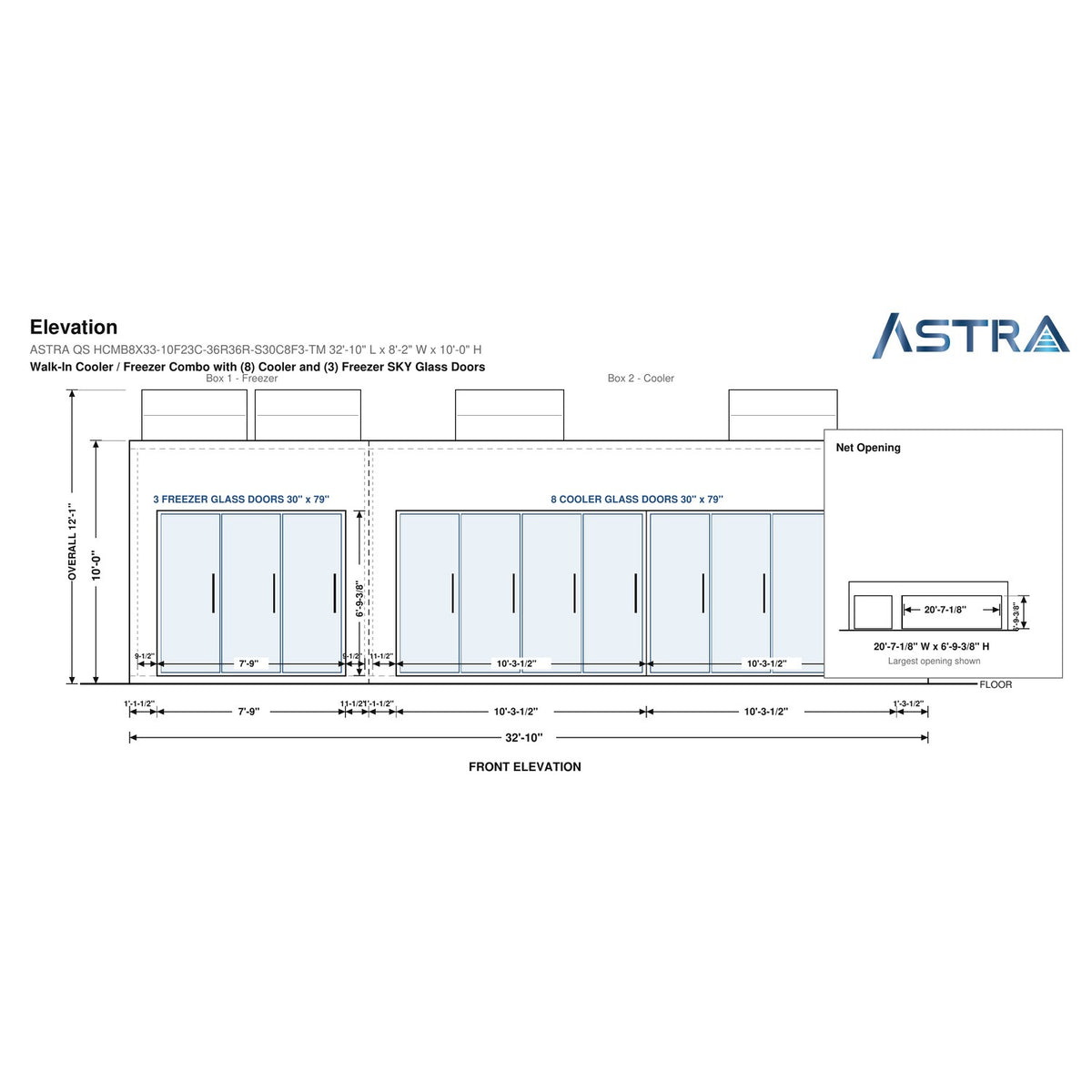 Astra HCMB8X33-10F23C-S30C8F3-TM 8' x 33' Walk-In Freezer/Cooler Combo with Floor, 3 Freezer + 8 Cooler Glass Doors, front elevation drawing with glass door net opening