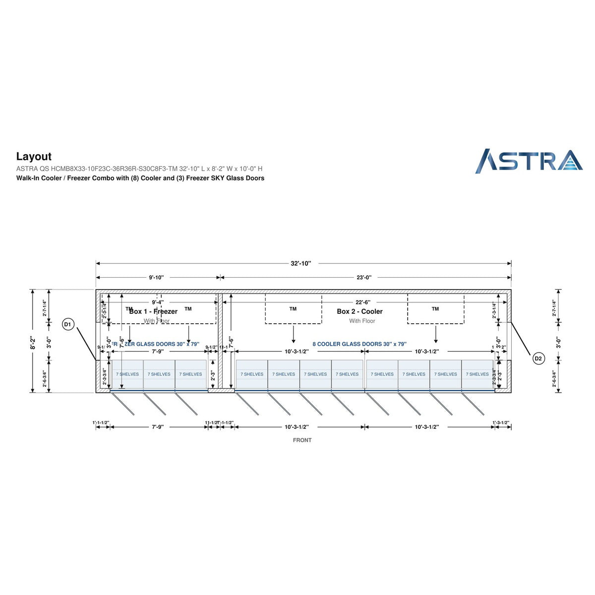 Astra HCMB8X33-10F23C-S30C8F3-TM 8' x 33' Walk-In Freezer/Cooler Combo with Floor, 3 Freezer + 8 Cooler Glass Doors, floor plan layout drawing with glass door shelving