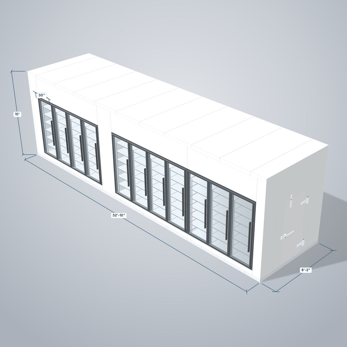 Astra HCMB8X33-13F20C-S30C7F4 8' x 33' Walk-In Freezer/Cooler Combo with Floor, 4 Freezer + 7 Cooler Glass Doors, 3D view with outside dimensions
