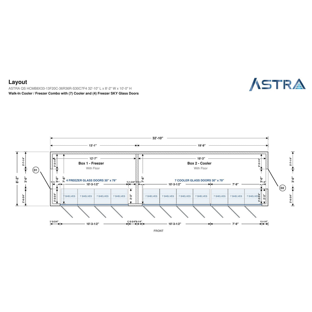 Astra HCMB8X33-13F20C-S30C7F4 8' x 33' Walk-In Freezer/Cooler Combo with Floor, 4 Freezer + 7 Cooler Glass Doors, floor plan layout drawing with glass door shelving