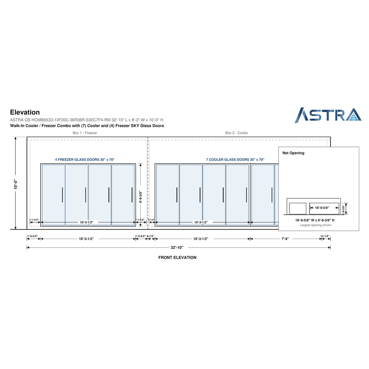 Astra HCMB8X33-13F20C-S30C7F4-RM 8' x 33' Walk-In Freezer/Cooler Combo with Floor, 4 Freezer + 7 Cooler Glass Doors, front elevation drawing with glass door net opening