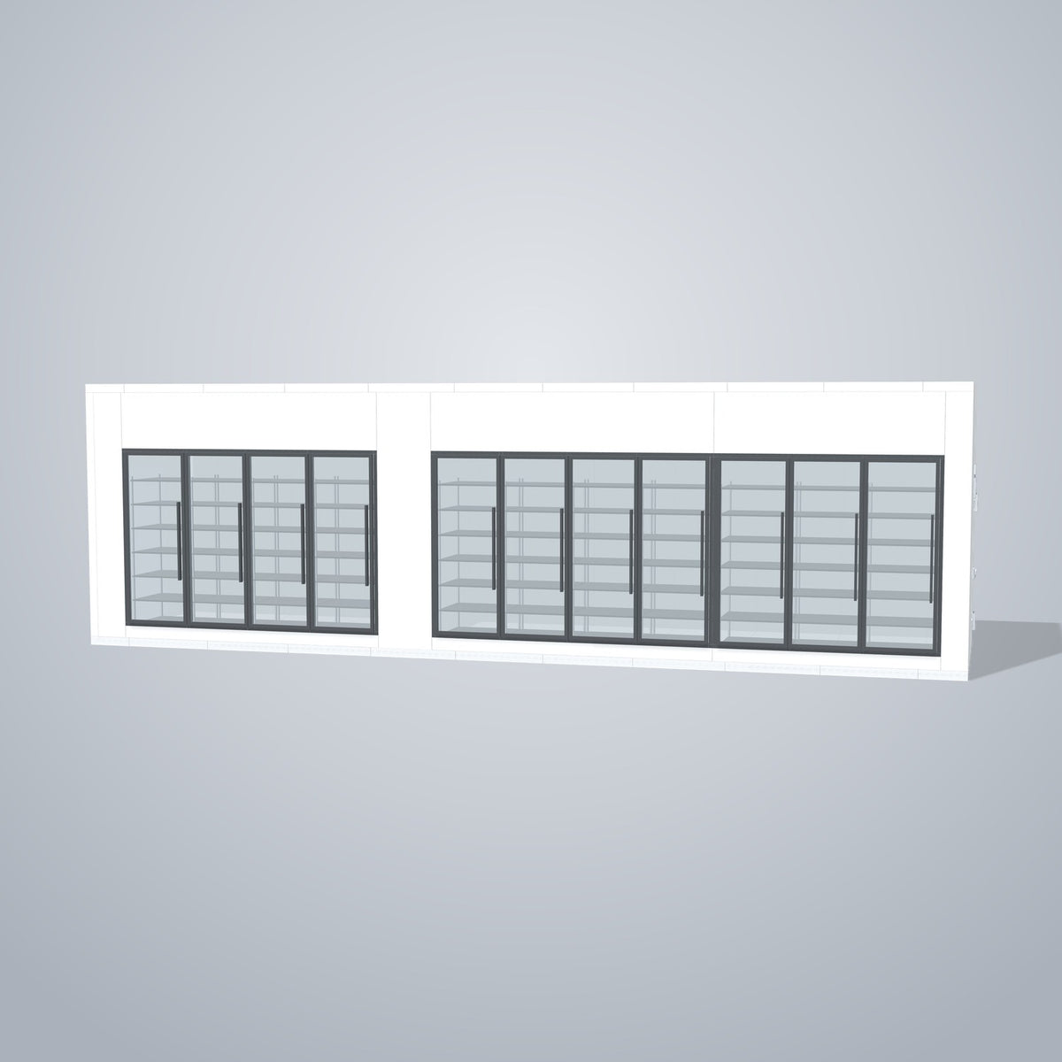 Astra HCMB8X33-13F20C-S30C7F4-RM 8' x 33' Walk-In Freezer/Cooler Combo with Floor, 4 Freezer + 7 Cooler Glass Doors, front 3D view of the glass door wall