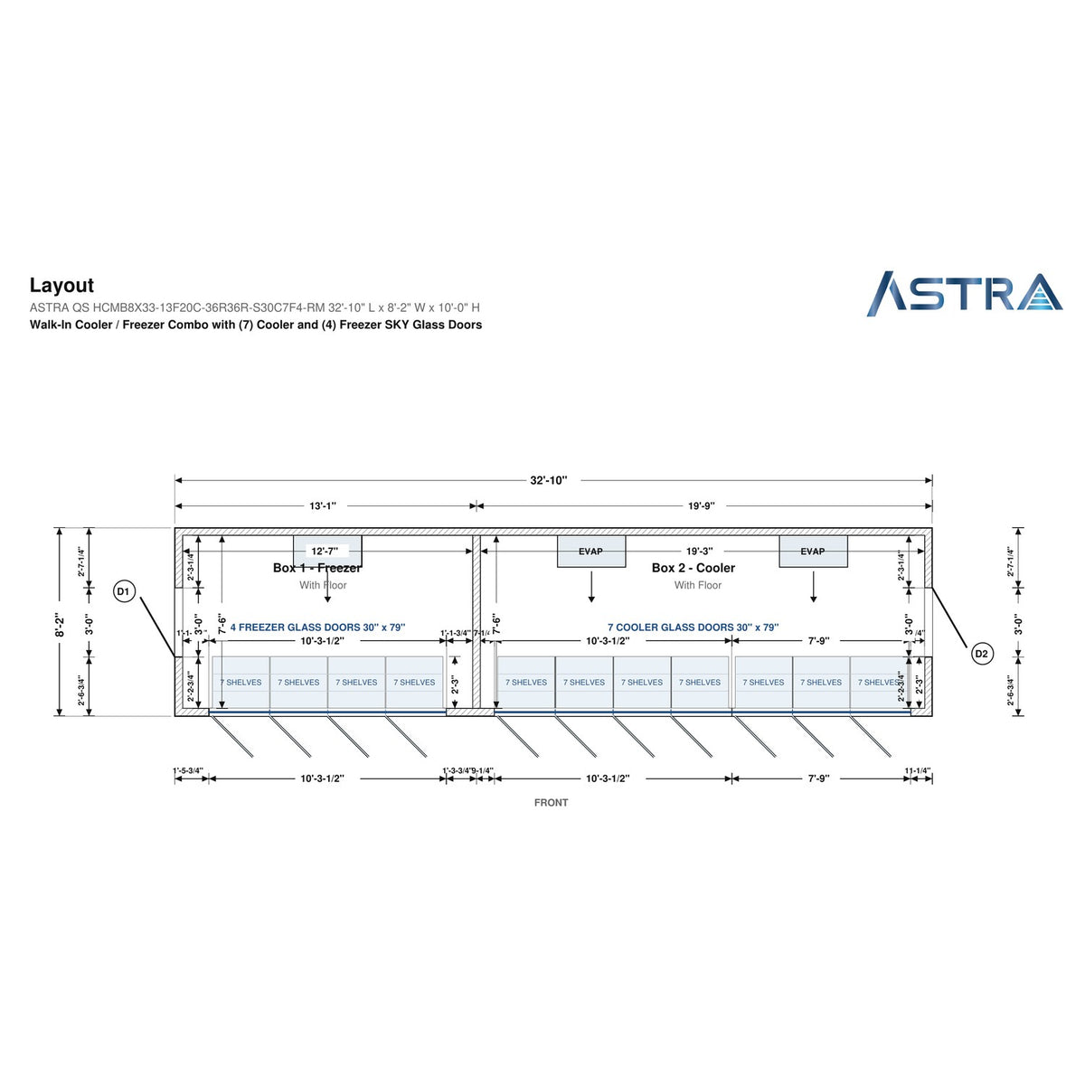 Astra HCMB8X33-13F20C-S30C7F4-RM 8' x 33' Walk-In Freezer/Cooler Combo with Floor, 4 Freezer + 7 Cooler Glass Doors, floor plan layout drawing with glass door shelving