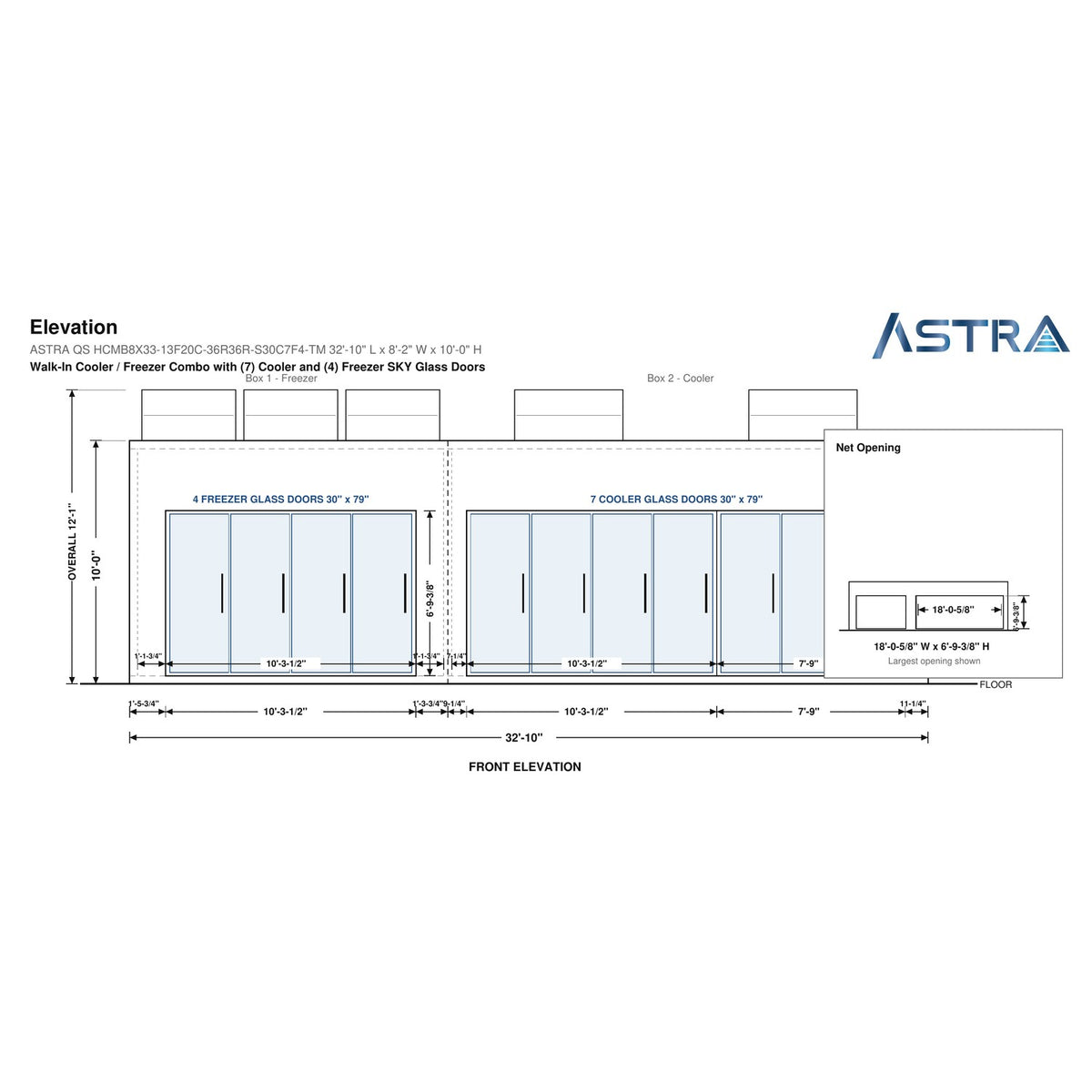 Astra HCMB8X33-13F20C-S30C7F4-TM 8' x 33' Walk-In Freezer/Cooler Combo with Floor, 4 Freezer + 7 Cooler Glass Doors, front elevation drawing with glass door net opening