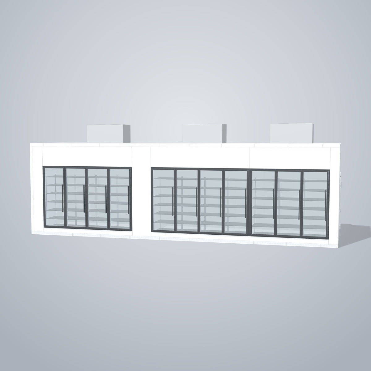 Astra HCMB8X33-13F20C-S30C7F4-TM 8' x 33' Walk-In Freezer/Cooler Combo with Floor, 4 Freezer + 7 Cooler Glass Doors, front 3D view of the glass door wall