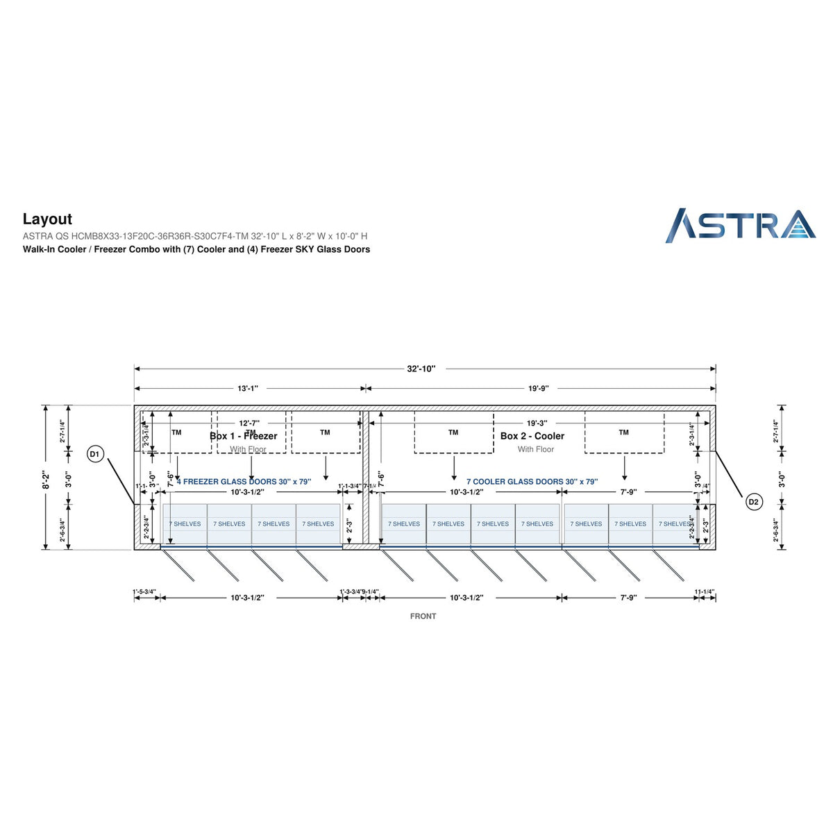 Astra HCMB8X33-13F20C-S30C7F4-TM 8' x 33' Walk-In Freezer/Cooler Combo with Floor, 4 Freezer + 7 Cooler Glass Doors, floor plan layout drawing with glass door shelving