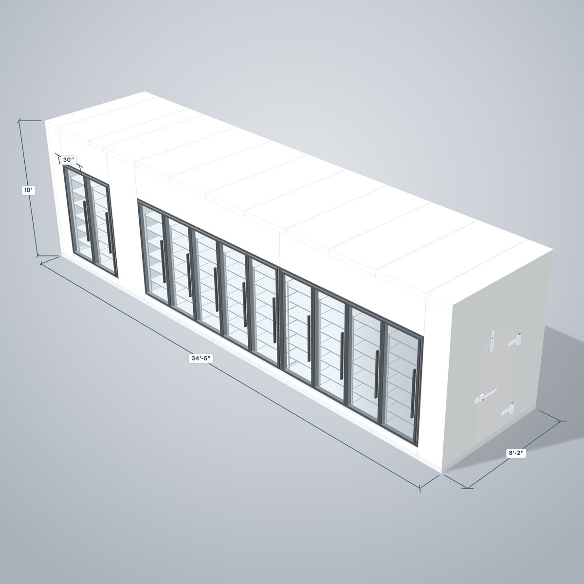 Astra HCMB8X34-8F26C-S30C9F2 8' x 34' Walk-In Freezer/Cooler Combo with Floor, 2 Freezer + 9 Cooler Glass Doors, 3D view with outside dimensions