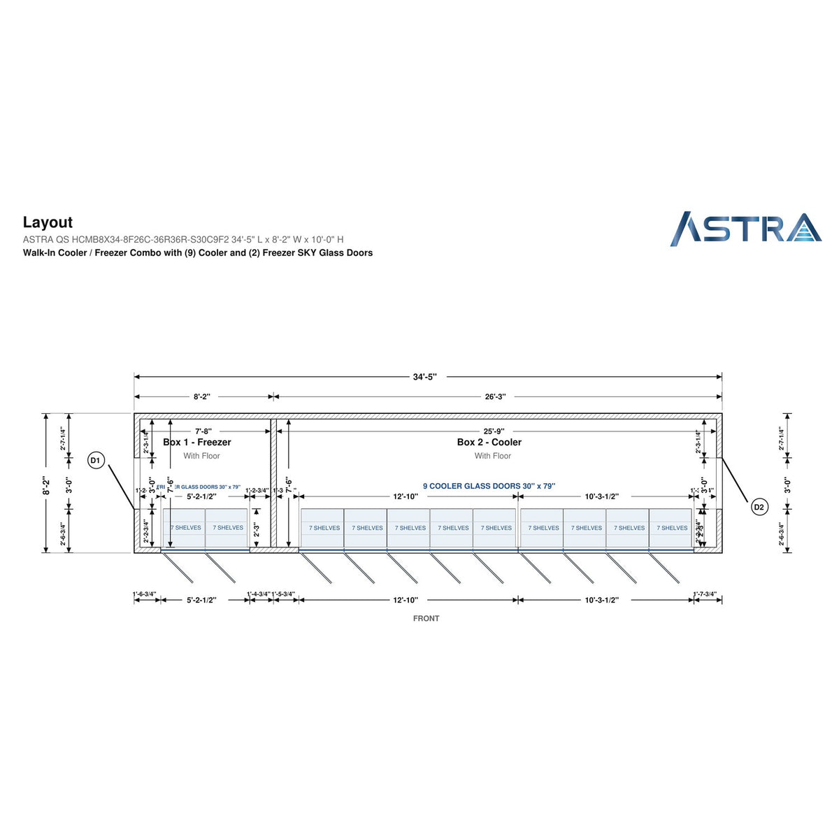 Astra HCMB8X34-8F26C-S30C9F2 8' x 34' Walk-In Freezer/Cooler Combo with Floor, 2 Freezer + 9 Cooler Glass Doors, floor plan layout drawing with glass door shelving