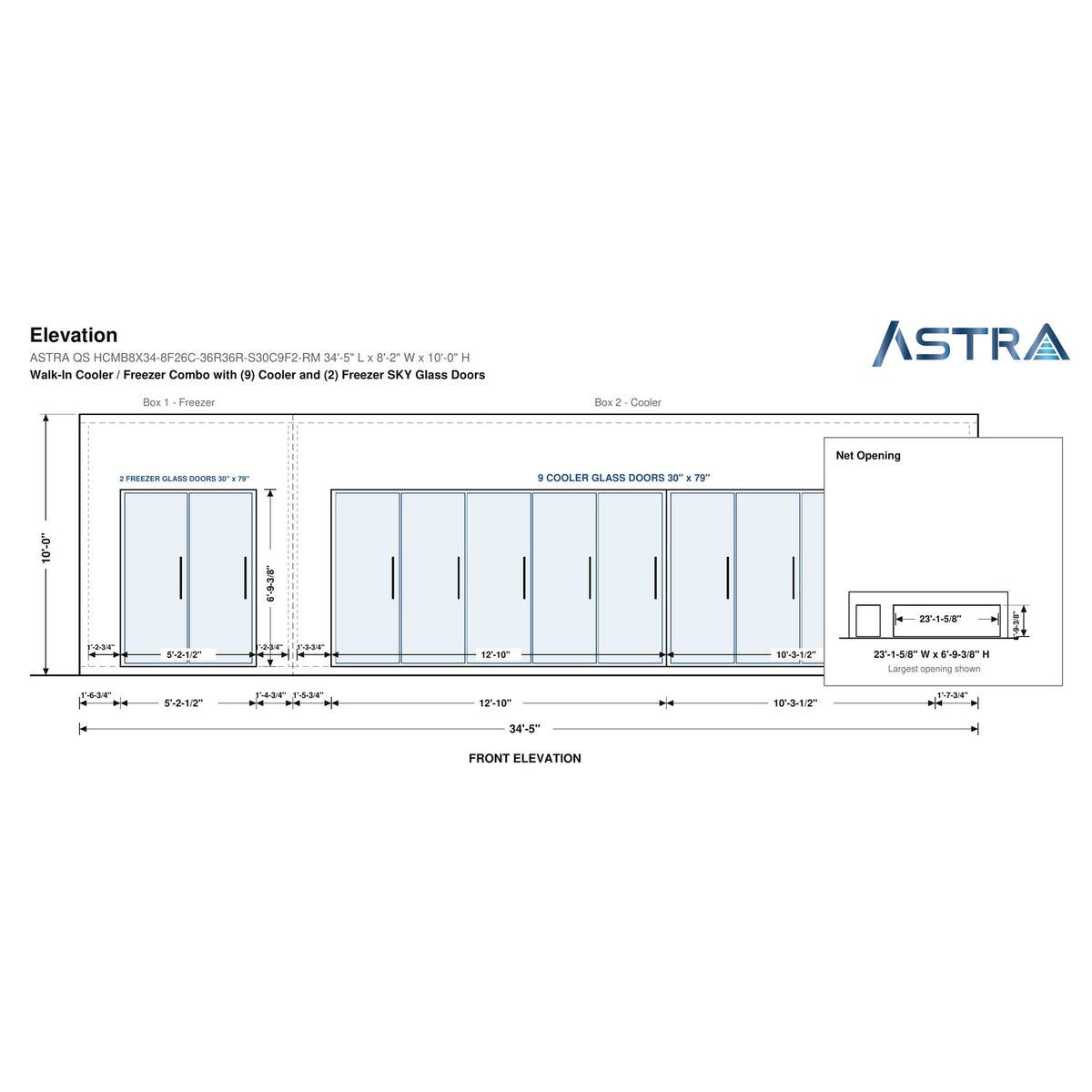 Astra HCMB8X34-8F26C-S30C9F2-RM 8' x 34' Walk-In Freezer/Cooler Combo with Floor, 2 Freezer + 9 Cooler Glass Doors, front elevation drawing with glass door net opening