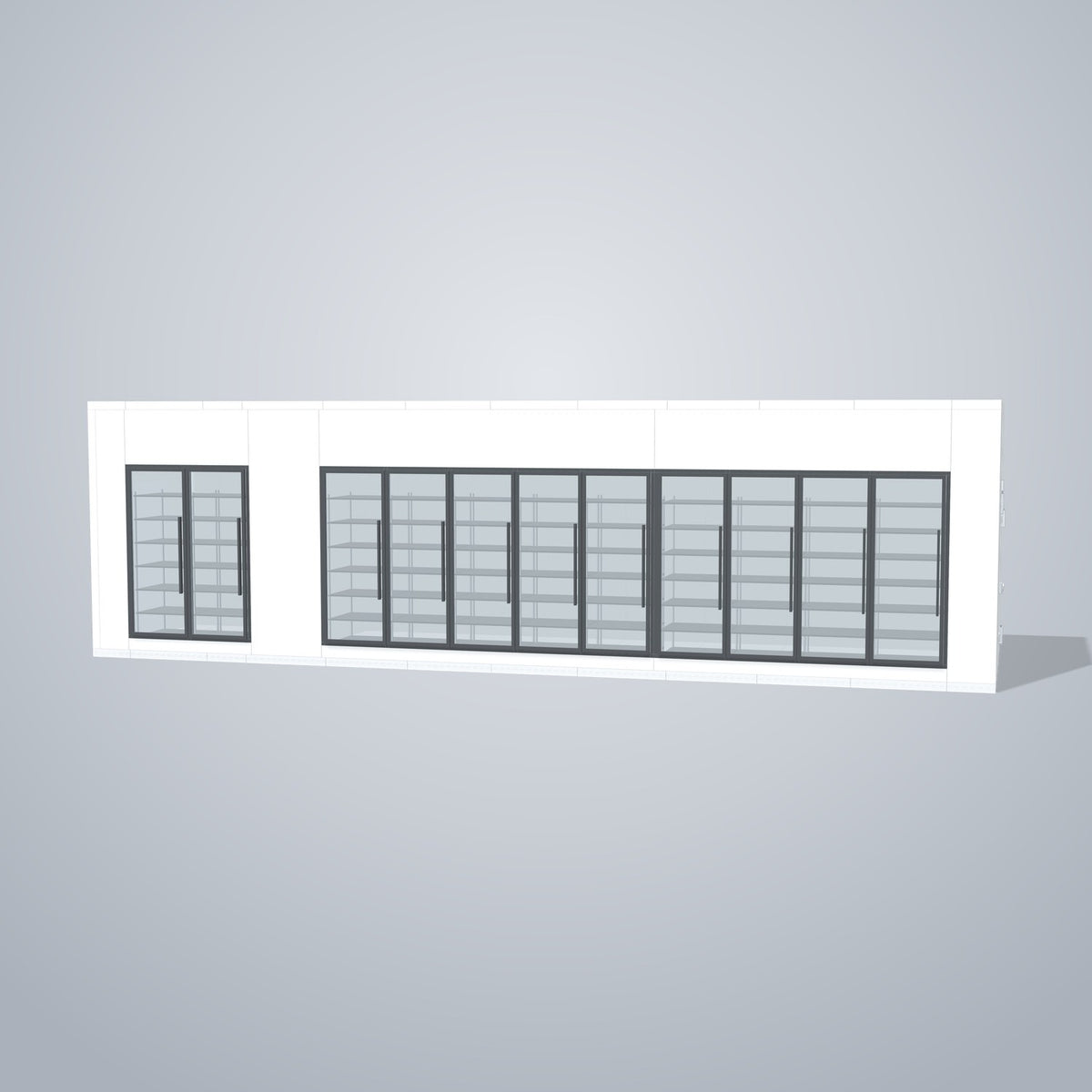 Astra HCMB8X34-8F26C-S30C9F2-RM 8' x 34' Walk-In Freezer/Cooler Combo with Floor, 2 Freezer + 9 Cooler Glass Doors, front 3D view of the glass door wall