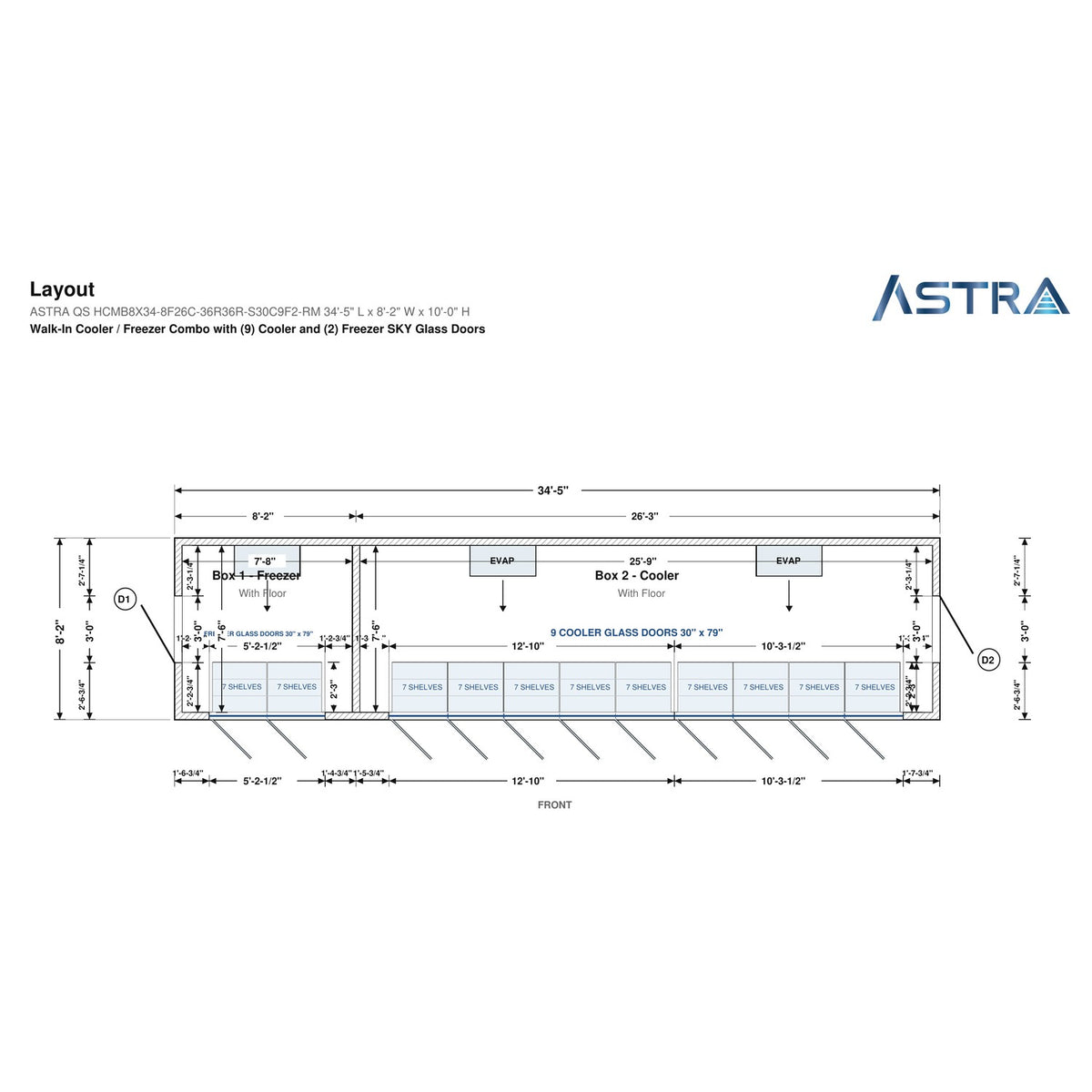 Astra HCMB8X34-8F26C-S30C9F2-RM 8' x 34' Walk-In Freezer/Cooler Combo with Floor, 2 Freezer + 9 Cooler Glass Doors, floor plan layout drawing with glass door shelving