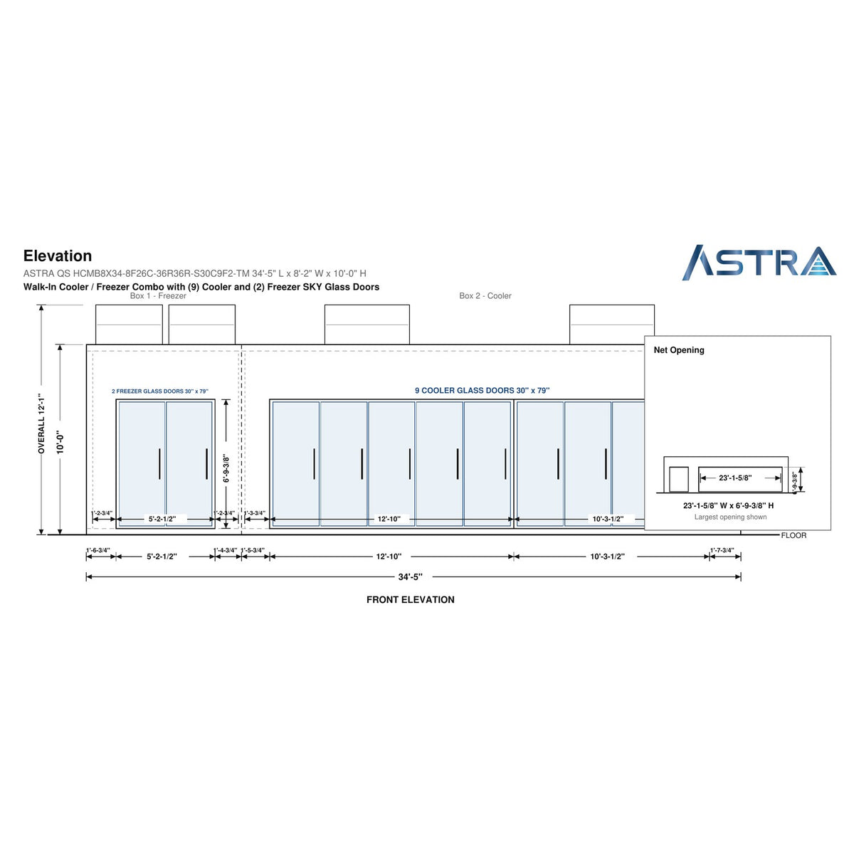 Astra HCMB8X34-8F26C-S30C9F2-TM 8' x 34' Walk-In Freezer/Cooler Combo with Floor, 2 Freezer + 9 Cooler Glass Doors, front elevation drawing with glass door net opening