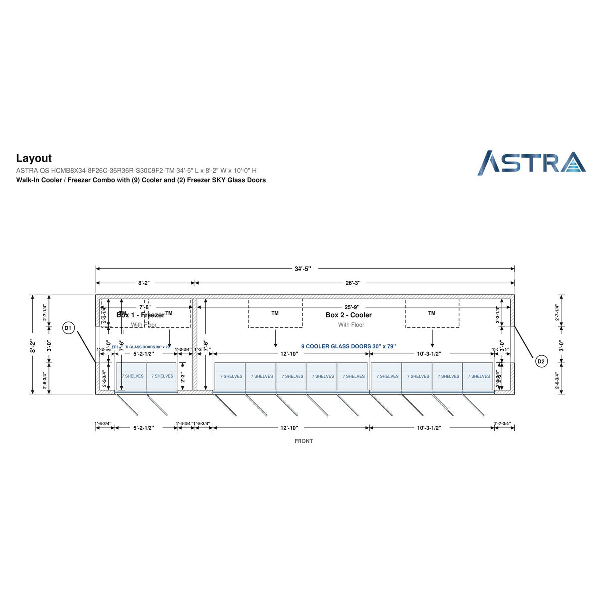 Astra HCMB8X34-8F26C-S30C9F2-TM 8' x 34' Walk-In Freezer/Cooler Combo with Floor, 2 Freezer + 9 Cooler Glass Doors, floor plan layout drawing with glass door shelving