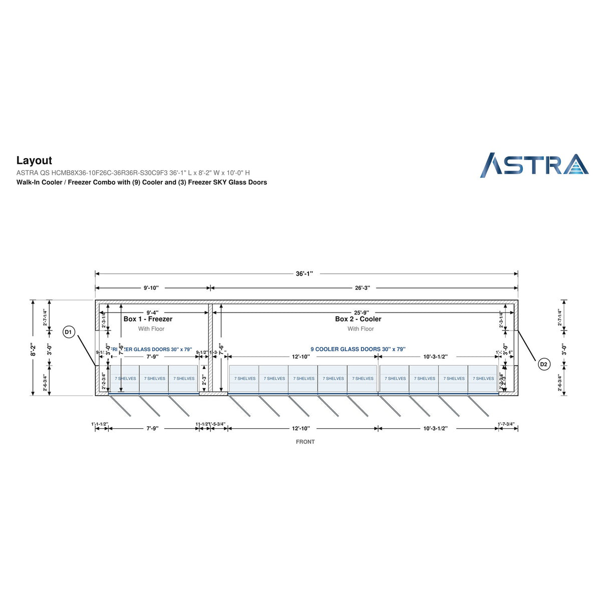 Astra HCMB8X36-10F26C-S30C9F3 8' x 36' Walk-In Freezer/Cooler Combo with Floor, 3 Freezer + 9 Cooler Glass Doors, floor plan layout drawing with glass door shelving