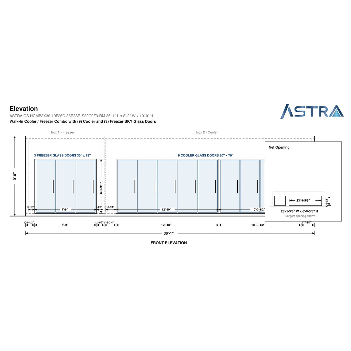 Astra HCMB8X36-10F26C-S30C9F3-RM 8' x 36' Walk-In Freezer/Cooler Combo with Floor, 3 Freezer + 9 Cooler Glass Doors, front elevation drawing with glass door net opening