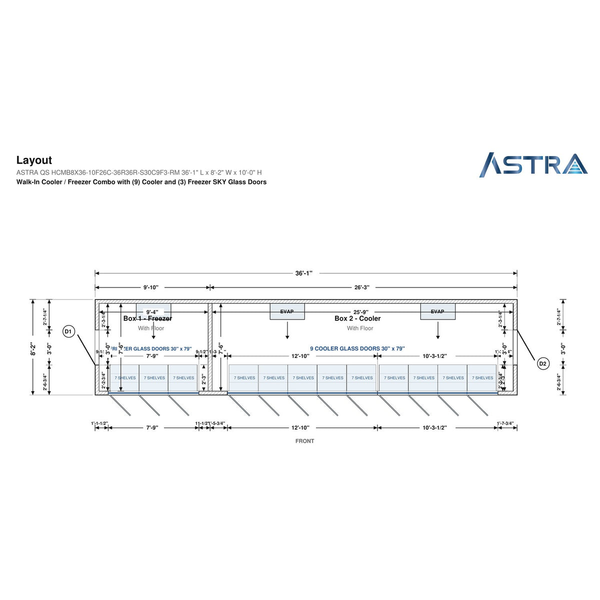 Astra HCMB8X36-10F26C-S30C9F3-RM 8' x 36' Walk-In Freezer/Cooler Combo with Floor, 3 Freezer + 9 Cooler Glass Doors, floor plan layout drawing with glass door shelving