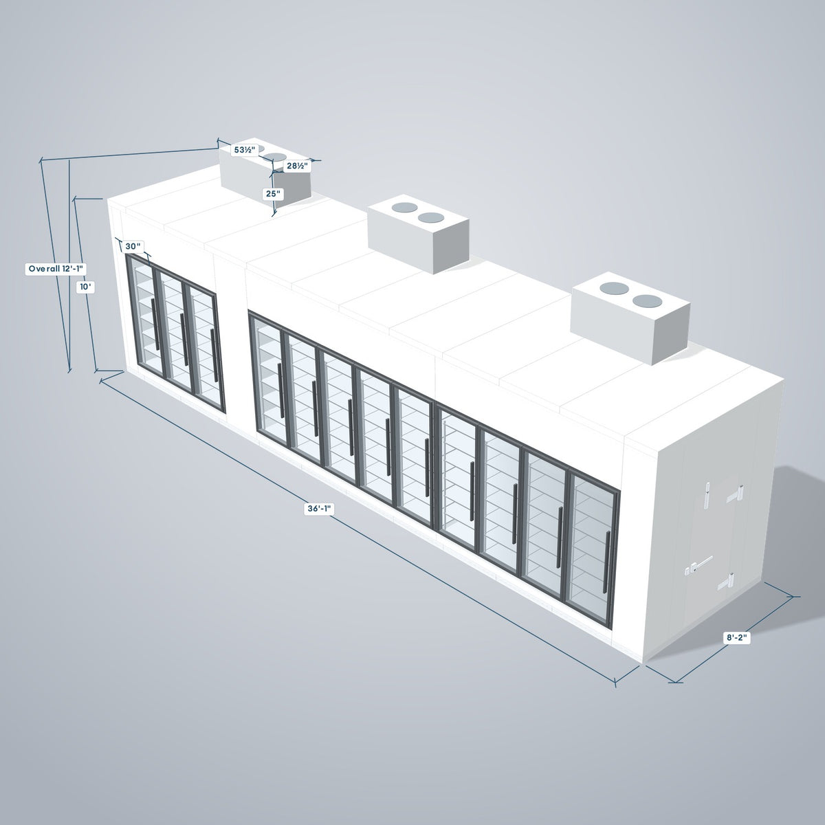Astra HCMB8X36-10F26C-S30C9F3-TM 8' x 36' Walk-In Freezer/Cooler Combo with Floor, 3 Freezer + 9 Cooler Glass Doors, 3D view with outside dimensions