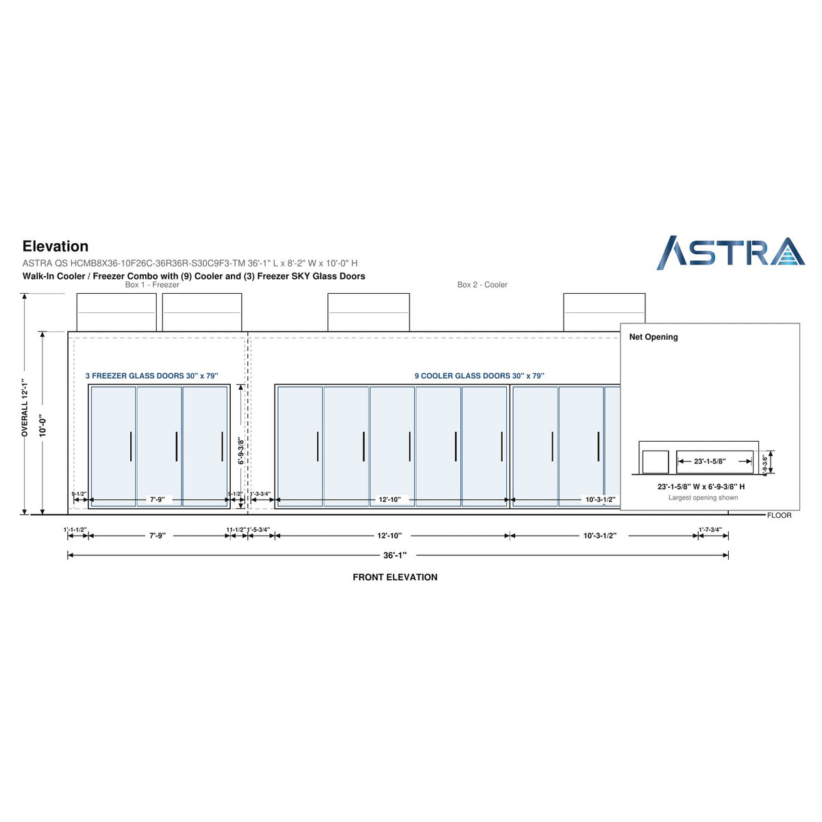 Astra HCMB8X36-10F26C-S30C9F3-TM 8' x 36' Walk-In Freezer/Cooler Combo with Floor, 3 Freezer + 9 Cooler Glass Doors, front elevation drawing with glass door net opening