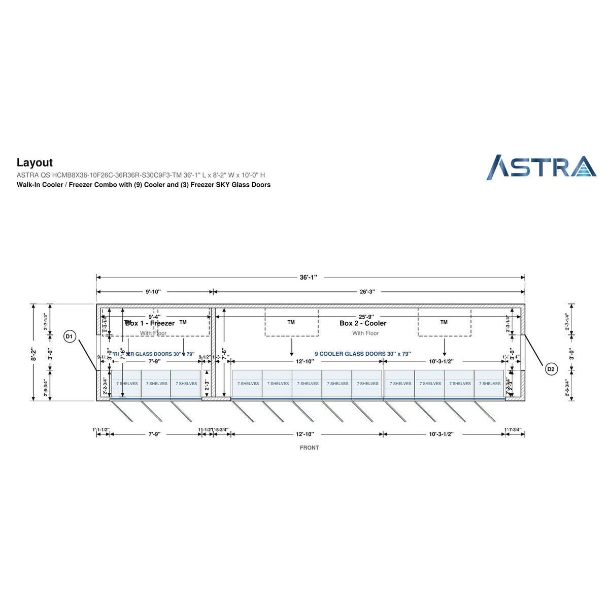 Astra HCMB8X36-10F26C-S30C9F3-TM 8' x 36' Walk-In Freezer/Cooler Combo with Floor, 3 Freezer + 9 Cooler Glass Doors, floor plan layout drawing with glass door shelving