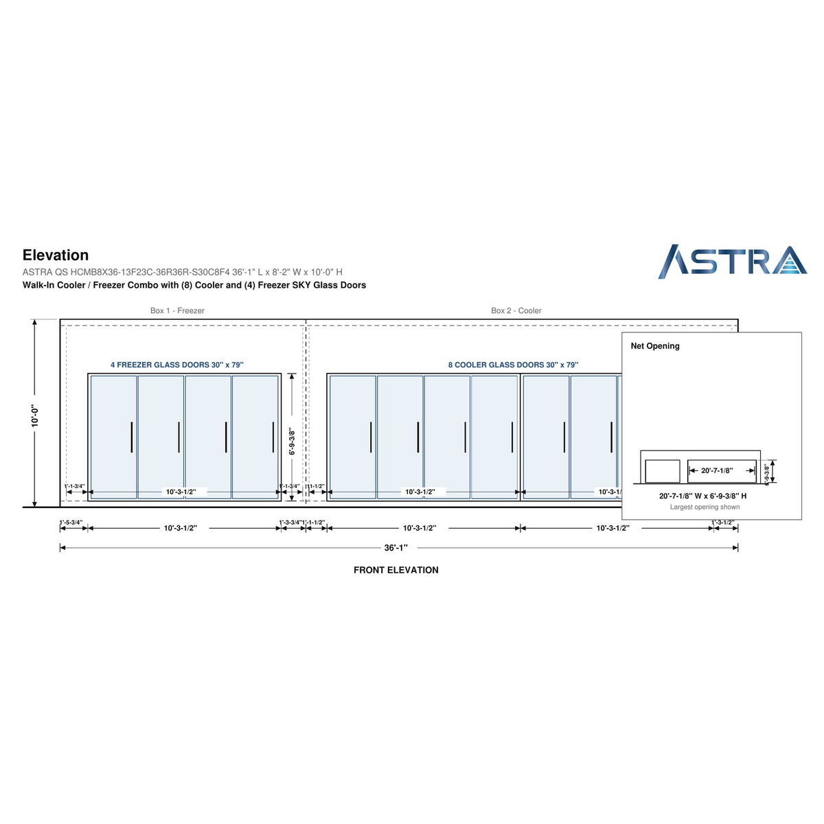 Astra HCMB8X36-13F23C-S30C8F4 8' x 36' Walk-In Freezer/Cooler Combo with Floor, 4 Freezer + 8 Cooler Glass Doors, front elevation drawing with glass door net opening