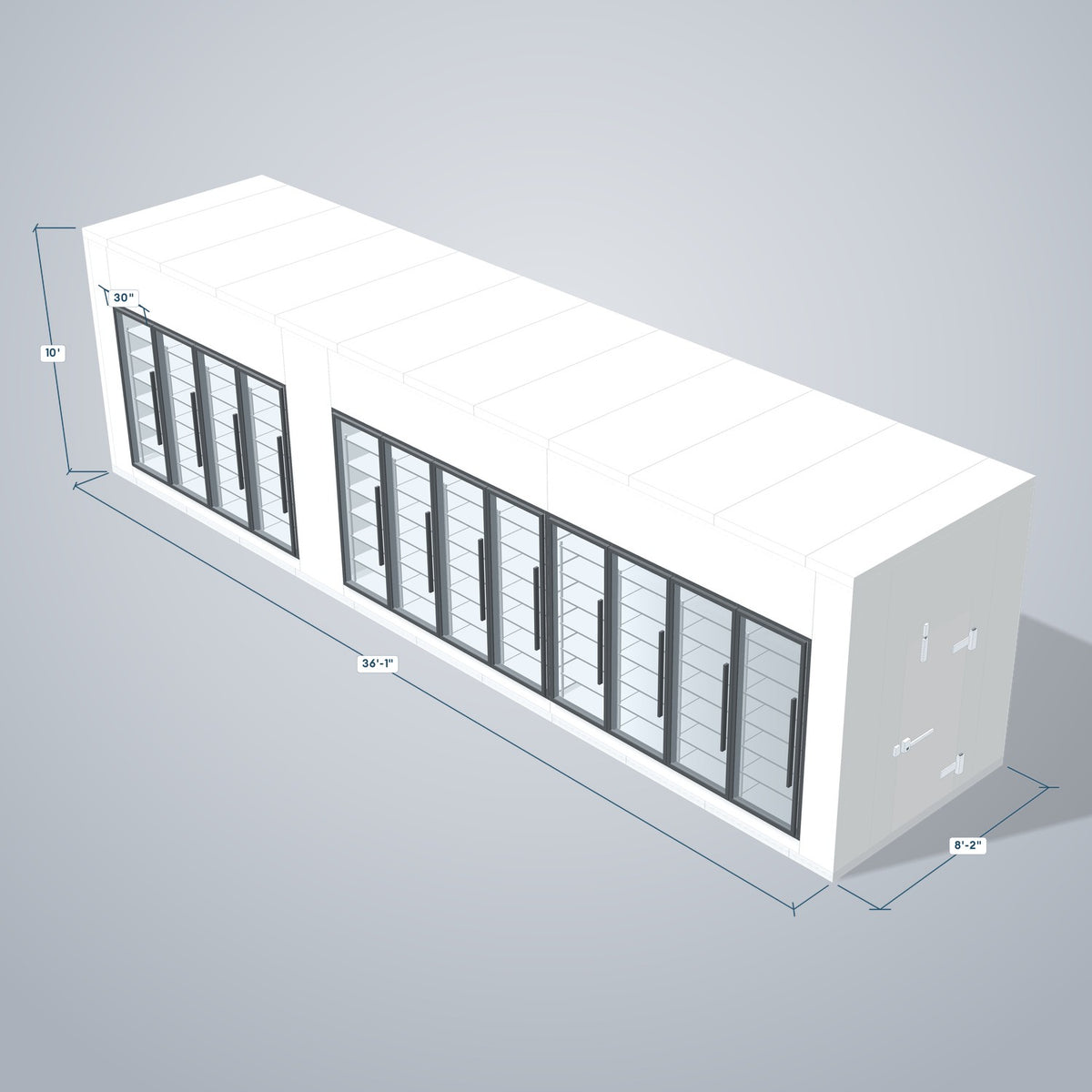 Astra HCMB8X36-13F23C-S30C8F4-RM 8' x 36' Walk-In Freezer/Cooler Combo with Floor, 4 Freezer + 8 Cooler Glass Doors, 3D view with outside dimensions