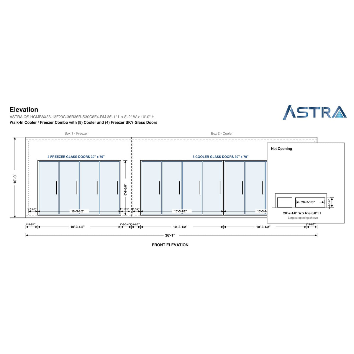 Astra HCMB8X36-13F23C-S30C8F4-RM 8' x 36' Walk-In Freezer/Cooler Combo with Floor, 4 Freezer + 8 Cooler Glass Doors, front elevation drawing with glass door net opening