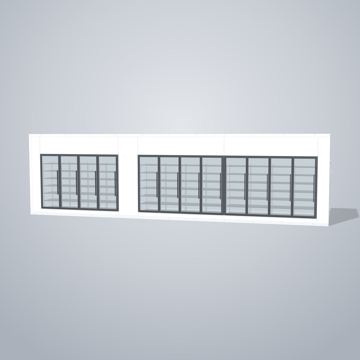 Astra HCMB8X36-13F23C-S30C8F4-RM 8' x 36' Walk-In Freezer/Cooler Combo with Floor, 4 Freezer + 8 Cooler Glass Doors, front 3D view of the glass door wall
