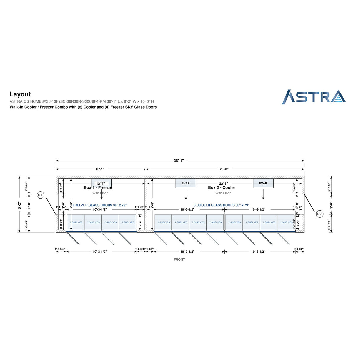 Astra HCMB8X36-13F23C-S30C8F4-RM 8' x 36' Walk-In Freezer/Cooler Combo with Floor, 4 Freezer + 8 Cooler Glass Doors, floor plan layout drawing with glass door shelving