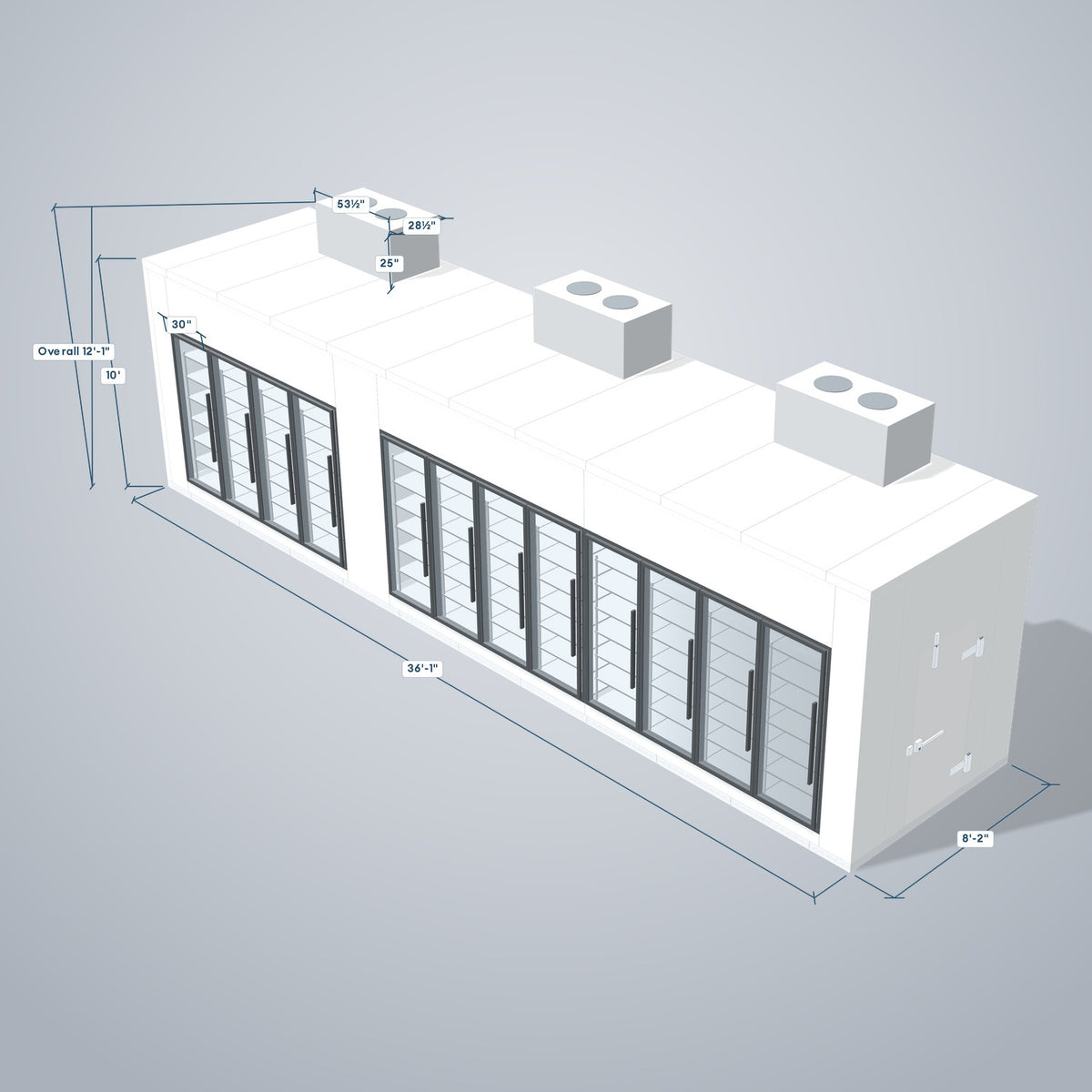 Astra HCMB8X36-13F23C-S30C8F4-TM 8' x 36' Walk-In Freezer/Cooler Combo with Floor, 4 Freezer + 8 Cooler Glass Doors, 3D view with outside dimensions