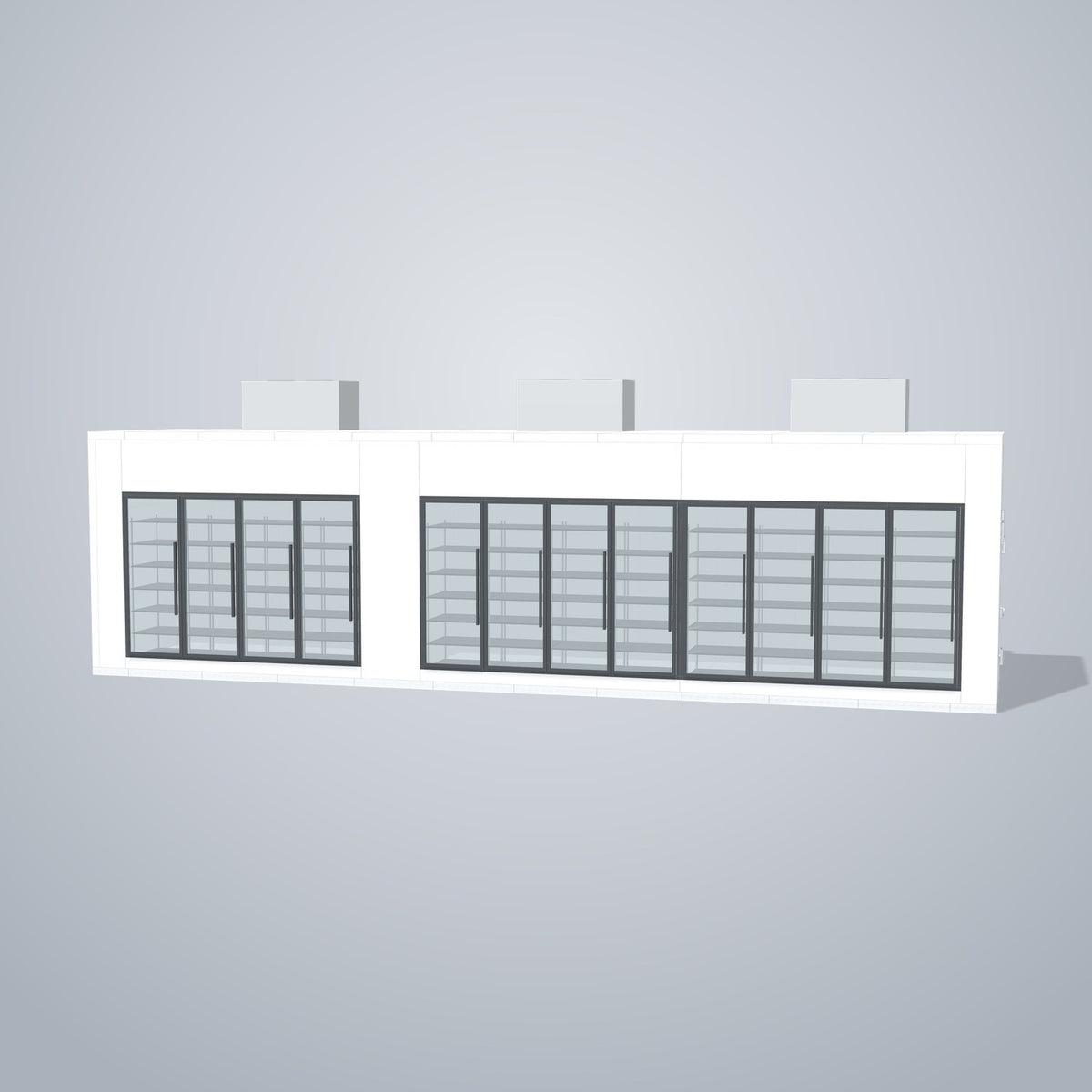 Astra HCMB8X36-13F23C-S30C8F4-TM 8' x 36' Walk-In Freezer/Cooler Combo with Floor, 4 Freezer + 8 Cooler Glass Doors, front 3D view of the glass door wall
