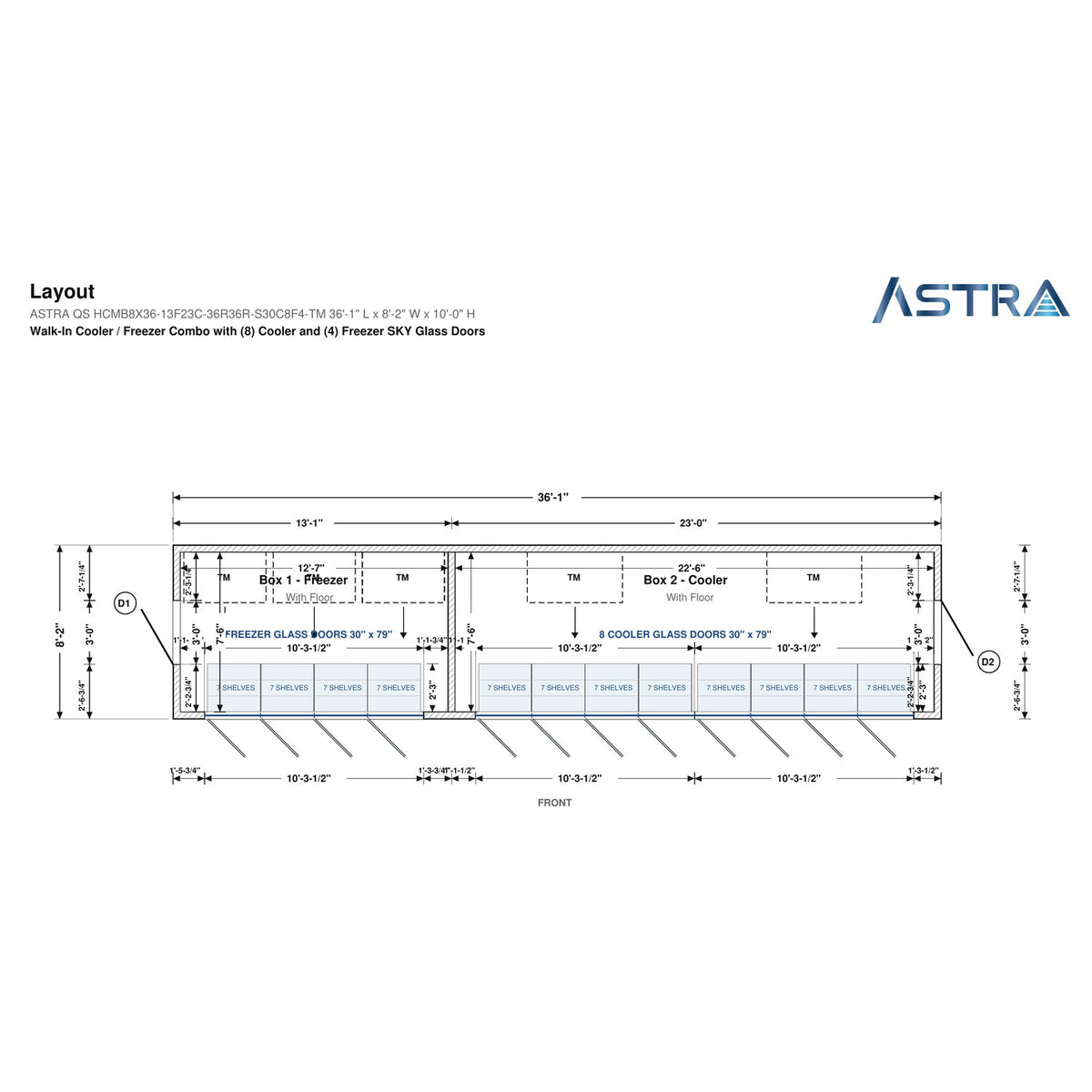 Astra HCMB8X36-13F23C-S30C8F4-TM 8' x 36' Walk-In Freezer/Cooler Combo with Floor, 4 Freezer + 8 Cooler Glass Doors, floor plan layout drawing with glass door shelving