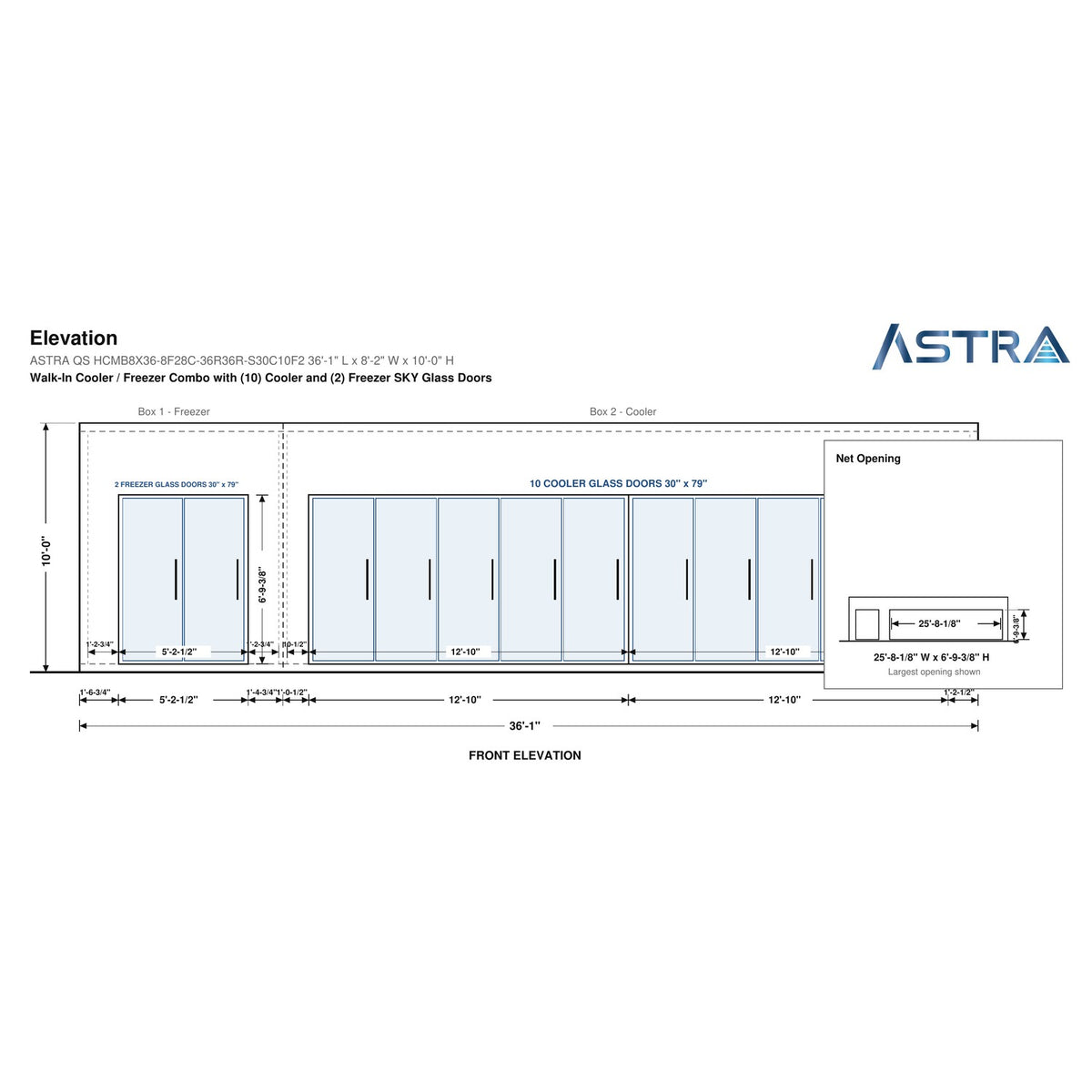 Astra HCMB8X36-8F28C-S30C10F2 8' x 36' Walk-In Freezer/Cooler Combo with Floor, 2 Freezer + 10 Cooler Glass Doors, front elevation drawing with glass door net opening