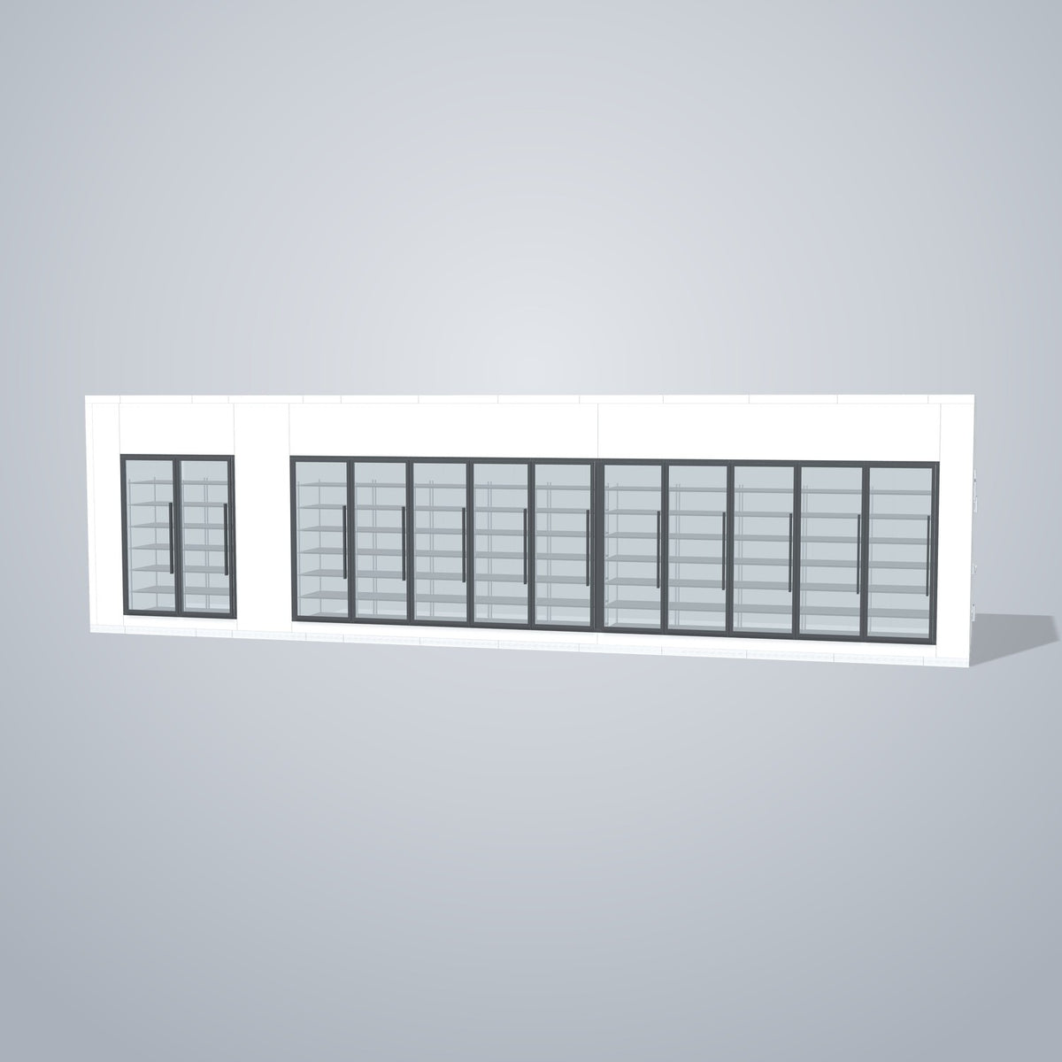 Astra HCMB8X36-8F28C-S30C10F2 8' x 36' Walk-In Freezer/Cooler Combo with Floor, 2 Freezer + 10 Cooler Glass Doors, front 3D view of the glass door wall
